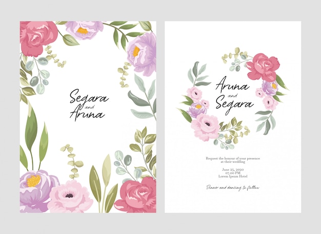 Vector invitación de boda floral rosa hermosa plantilla de tarjeta de conjunto