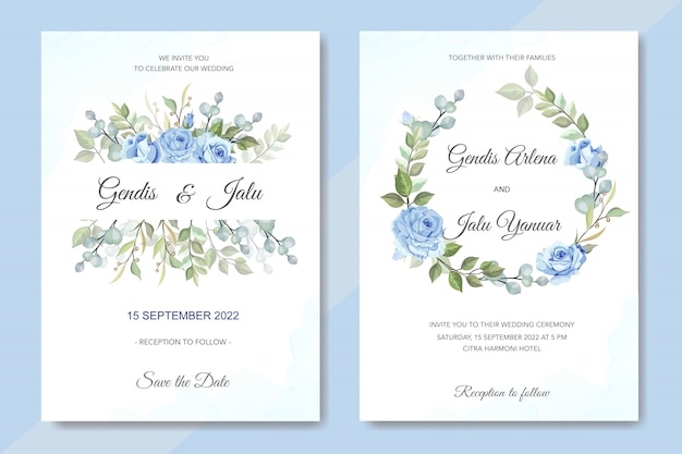 Invitación de boda floral con rosas azules