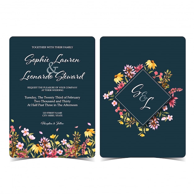 Invitación de boda floral salvaje hermosa con monograma