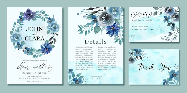 Invitación de boda con flores de acuarela azul