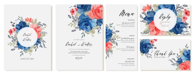 Invitación de boda con flores de acuarela hojas de rosas azules menú y plantilla de rsvp de vector