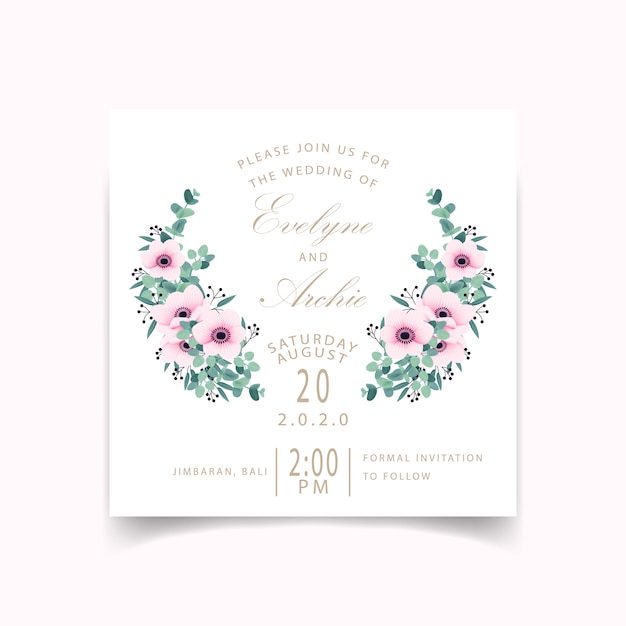Invitación de boda con flores de anémona y eucalipto.
