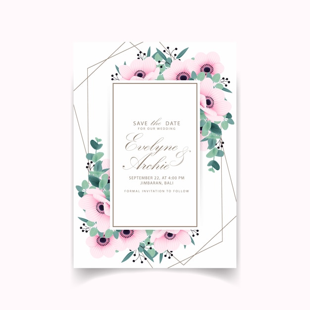 Invitación de boda con flores de anémona y eucalipto.