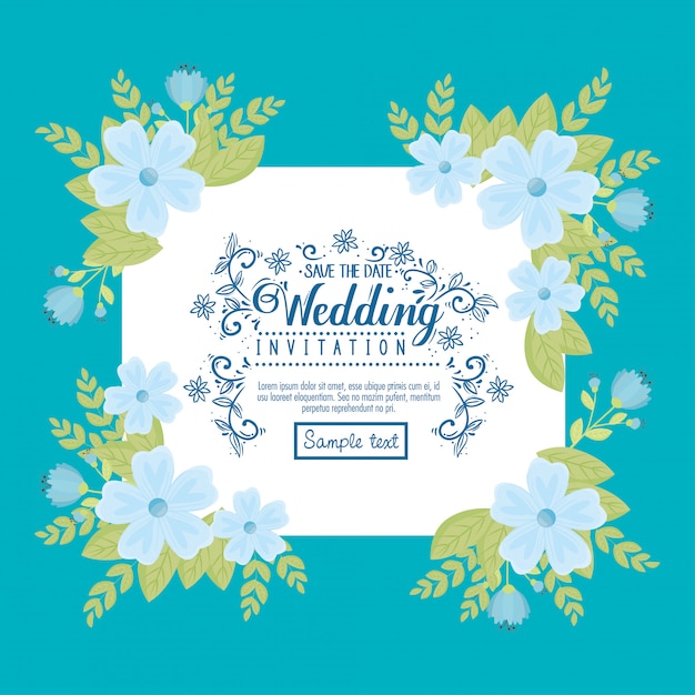 Invitación de boda con flores azules y hojas