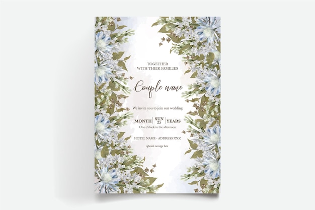Una invitación de boda con flores azules y la palabra pareja.