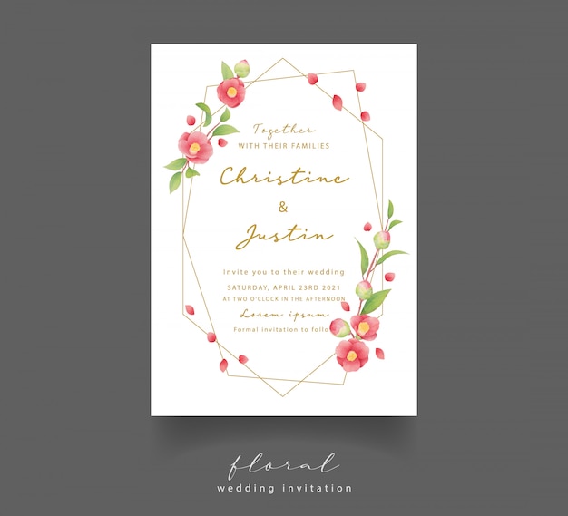 Invitación de boda con flores de camelia acuarela