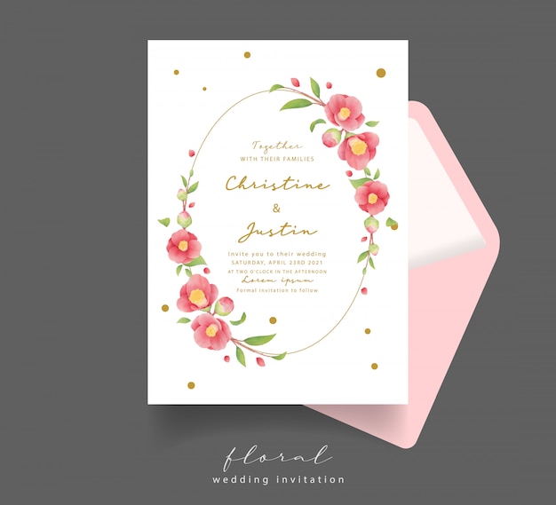 Invitación de boda con flores de camelia acuarela