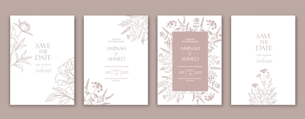 Invitación de boda con flores en el diseño de la línea