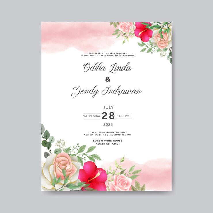 Invitación de boda con flores hermosas y románticas.