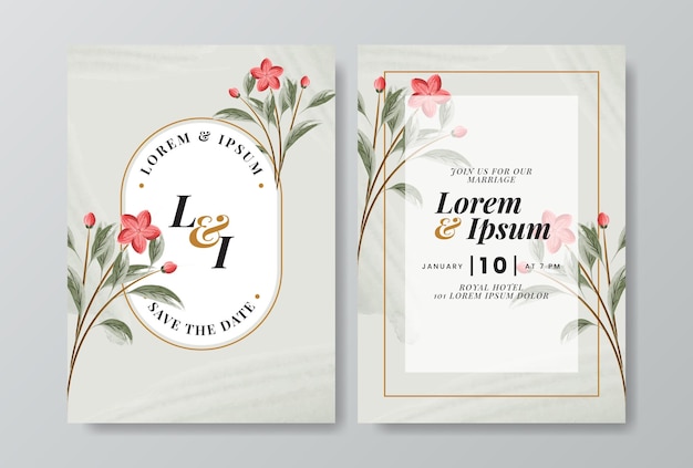 Invitación de boda con flores y hojas de acuarela.