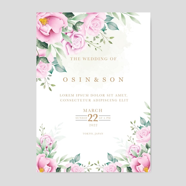 Vector una invitación de boda con flores y hojas rosas.