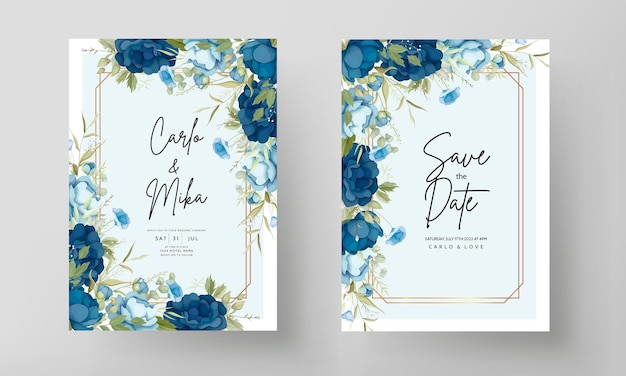 Invitación de boda de flores de peonía azul dibujada a mano
