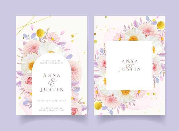 Invitación de boda con flores de peonía y dalia de rosas rosadas de acuarela