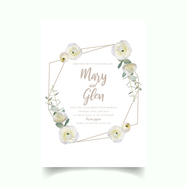 Vector invitación de boda con flores de ranúnculo blanco floral