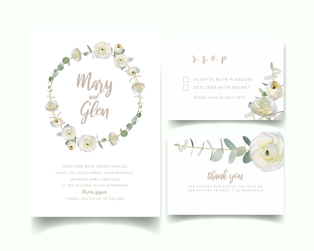 Invitación de boda con flores de ranúnculo blanco floral