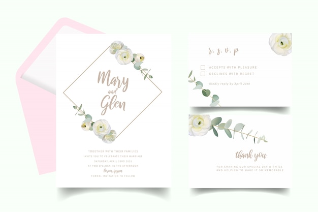 Invitación de boda con flores de ranúnculo blanco floral