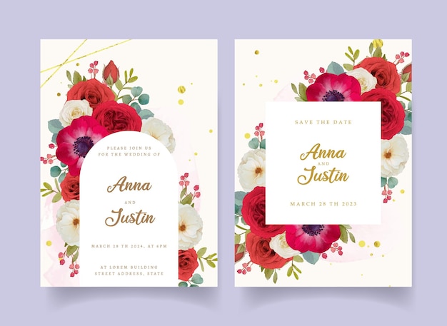 Vector invitación de boda con flores rojas acuarelas