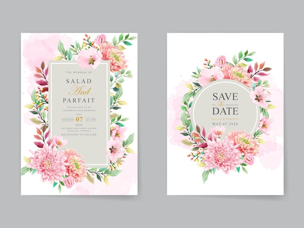 una invitación de boda con flores rosas y hojas verdes
