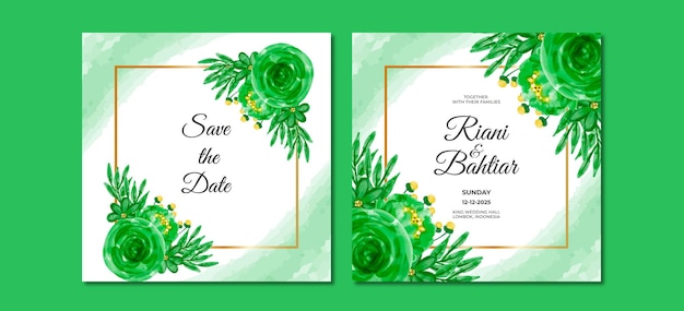 Vector invitación de boda con flores verdes acuarelas