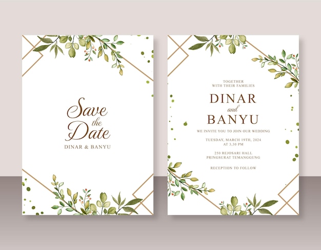 Invitación de boda con follaje de acuarela y borde geométrico