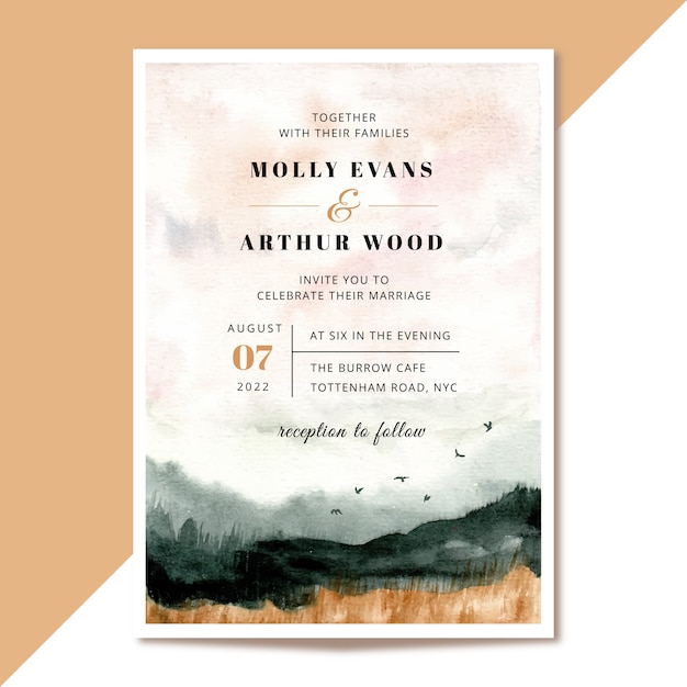 Invitación de boda con fondo abstracto paisaje acuarela