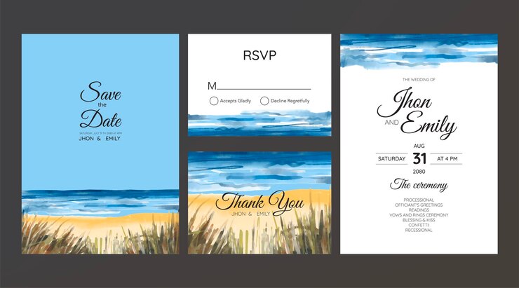 Vector invitación de boda con fondo de acuarela con vista a la montaña