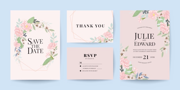 Invitación de boda, gracias y conjunto de plantillas de tarjeta rsvp