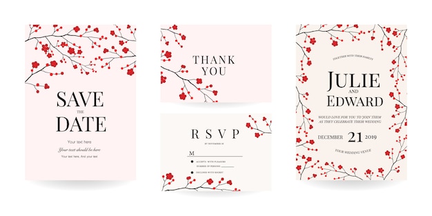 Invitación de boda, Gracias y RSVP tarjeta Vector