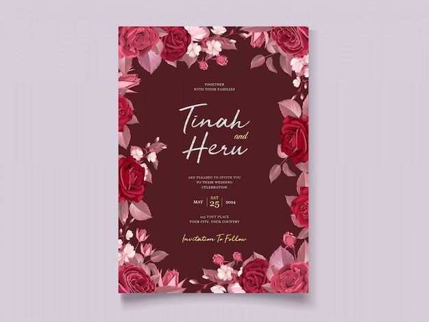 Invitación de boda granate floral romántica