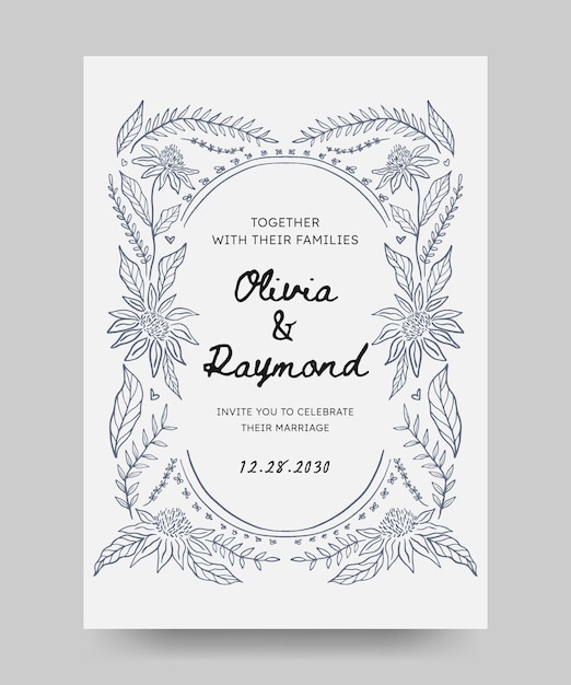 Invitación de boda guardar el cartel de la fecha con ilustración floral dibujada a mano arte de línea marco floral
