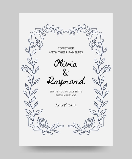 Invitación de boda guardar el cartel de la fecha con ilustración floral dibujada a mano arte de la línea del marco floral