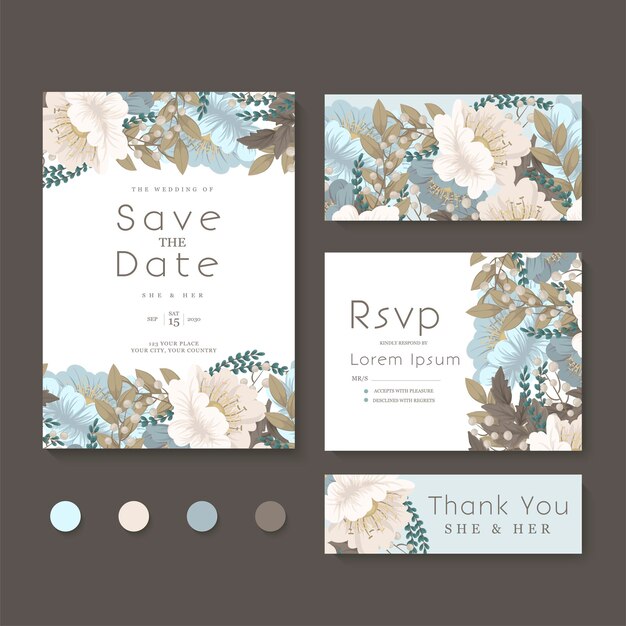 Invitación de boda, guarde la fecha, gracias, plantilla de diseño de tarjeta rsvp.