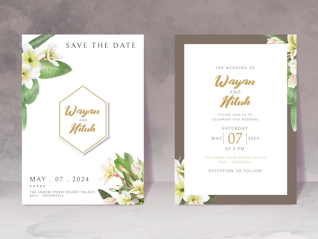 Invitación de boda con hermosa acuarela de plumeria