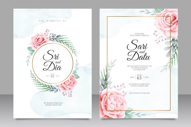 Invitación de boda hermosa establece plantilla con fondo floral acuarela