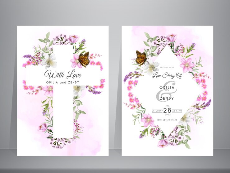 invitación de boda con hermosa flor acuarela y santa cruz