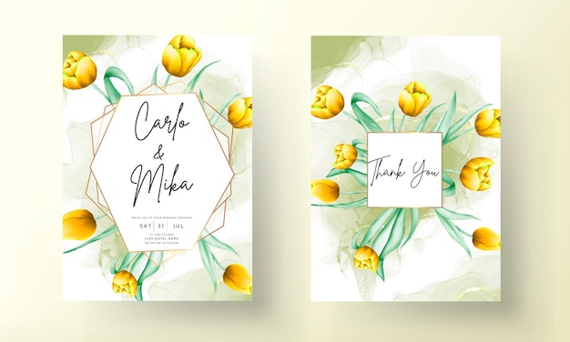 Invitación de boda con hermosa flor de tulipán amarillo acuarela