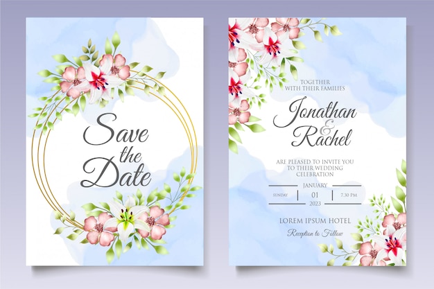 Invitación de boda hermosa floral y plantilla de tarjeta de hojas