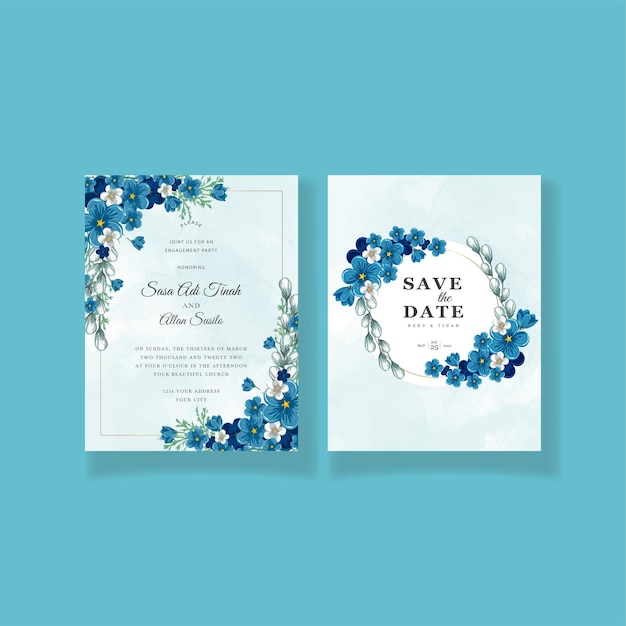 Invitación de boda hermosa con flores pintadas de azul