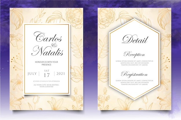 Invitación de boda hermosa con fondo de elementos florales