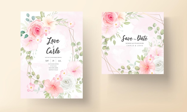 Vector invitación de boda hermosa con hermosas flores