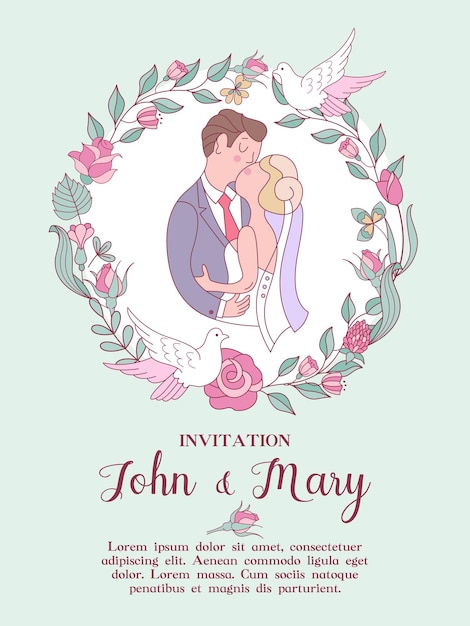 Invitación de boda Hermosa tarjeta de boda con besos de novios en una corona de flores de boda y palomas blancas Ilustración vectorial con espacio para texto