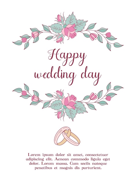 Invitación de boda hermosa tarjeta de boda con corona de flores y anillos de boda