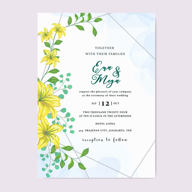Invitación de boda con hermosas flores amarillas hojas