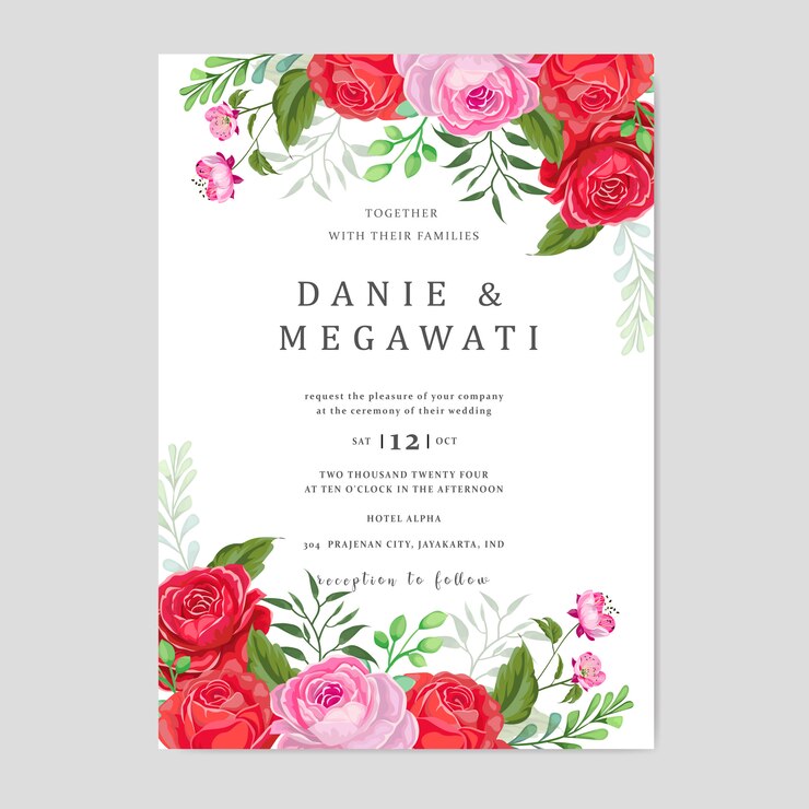 Invitación de boda con hermosas flores de color rosa y rojo deja