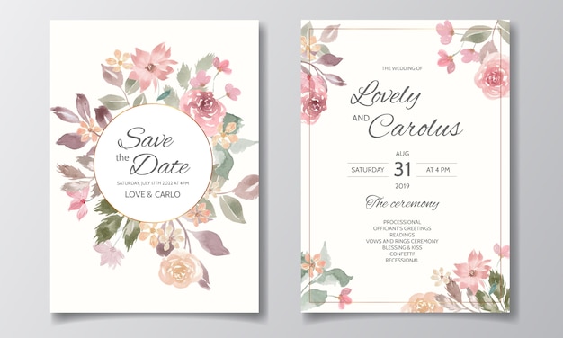 Invitación de boda con hermosas flores y hojas de acuarela