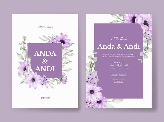 Invitación de boda con hermosas flores y hojas de color púrpura suave