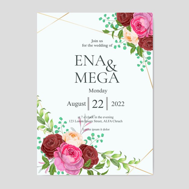 invitación de boda con hermosas flores y hojas de color rosa rojo
