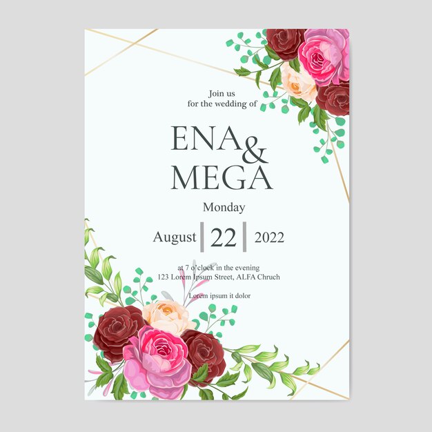 Invitación de boda con hermosas flores y hojas de color rosa rojo