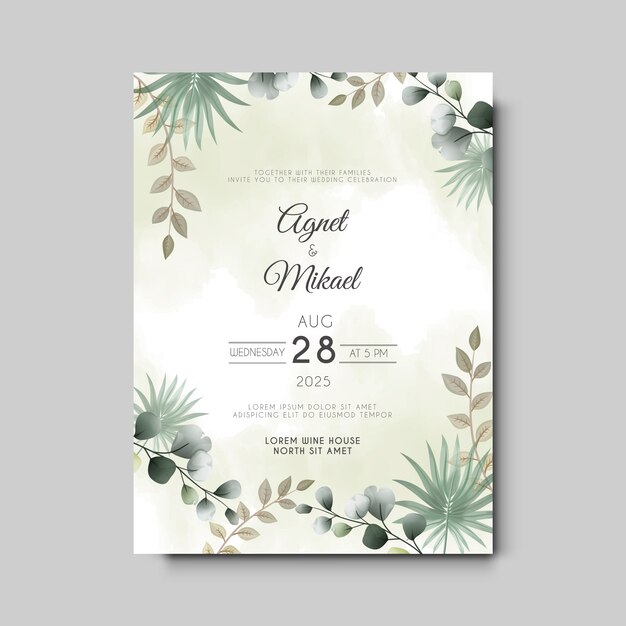 invitación de boda con hermosas flores y hojas para imprimir
