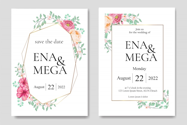 Vector invitación de boda con hermosas flores hojas